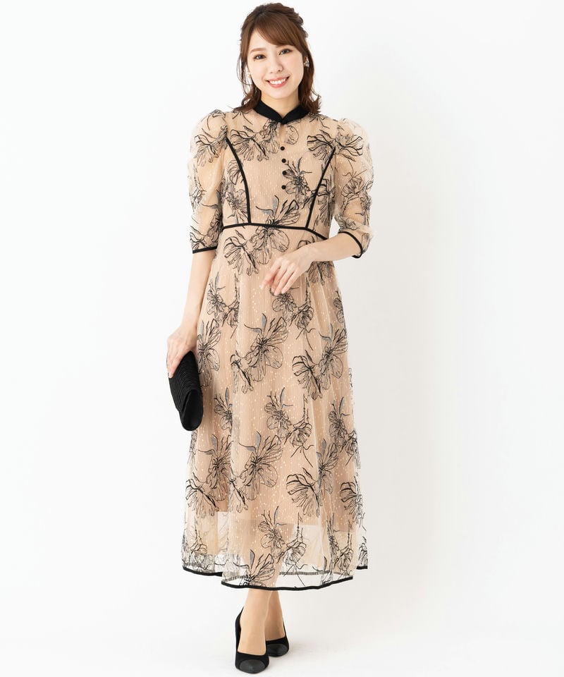 Leja レジャ 配色パイピングプチハイネック花柄刺繍ドレス ベージュ系