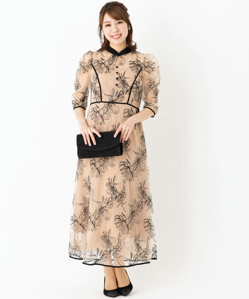 Leja レジャ 配色パイピングプチハイネック花柄刺繍ドレス ベージュ系