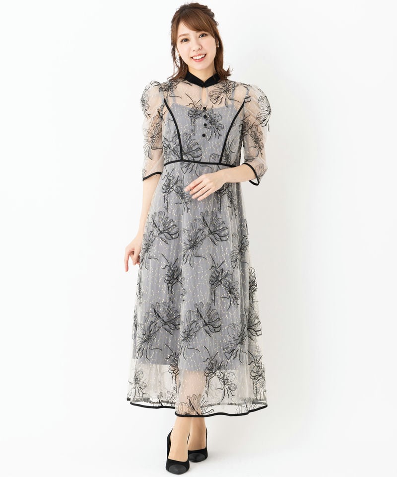 Leja レジャ 配色パイピングプチハイネック花柄刺繍ドレス グレー系