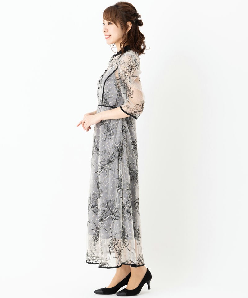 Leja レジャ 配色パイピングプチハイネック花柄刺繍ドレス グレー系