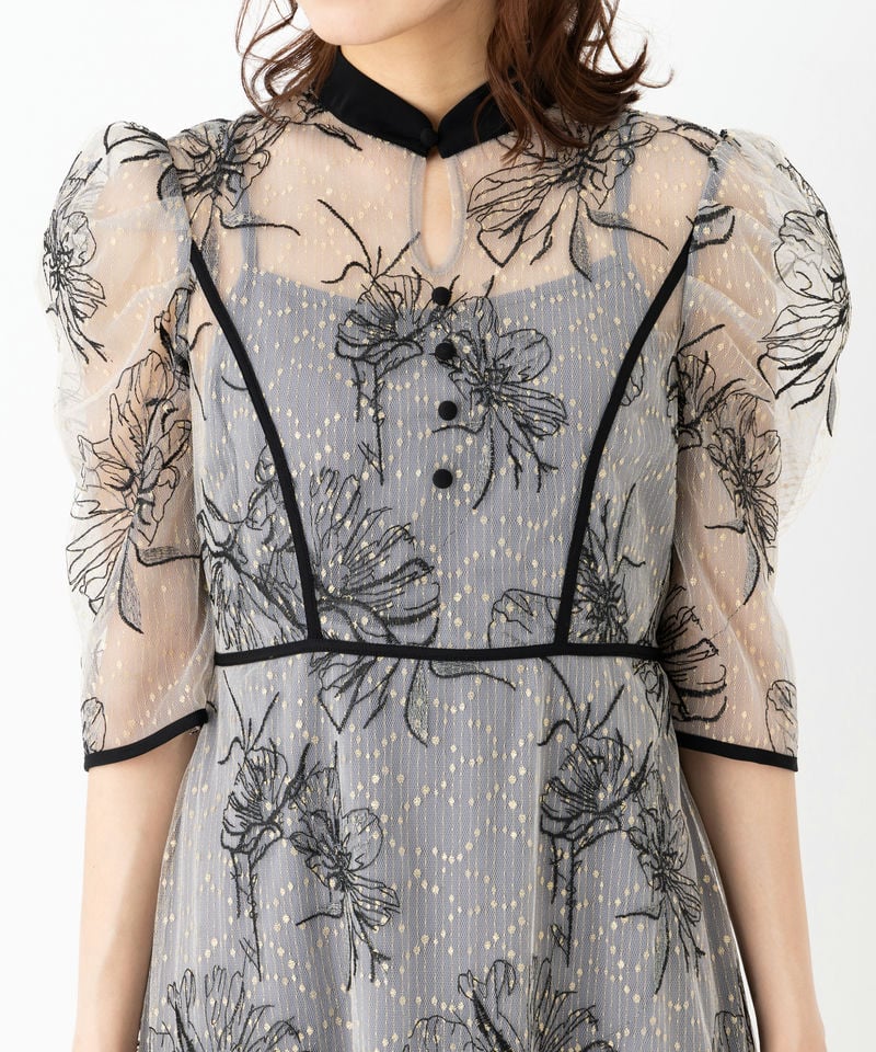 Leja 花柄グレー パーティードレス Leja（レジャ） ドレス 「LEJA」スパンコール花柄刺繍ソフト