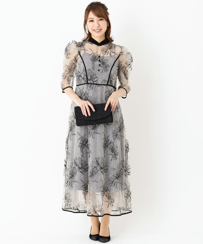 Leja レジャ 配色パイピングプチハイネック花柄刺繍ドレス グレー系