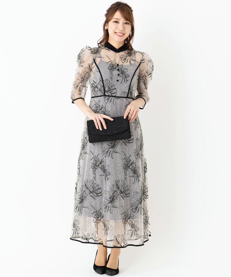 Leja レジャ 配色パイピングプチハイネック花柄刺繍ドレス グレー系