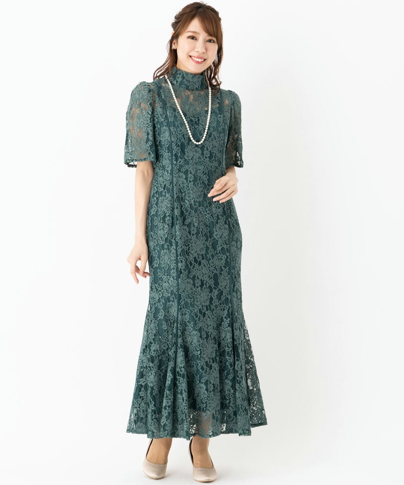 etoll. エトル レースマーメイドラインハイネックドレス グリーン系