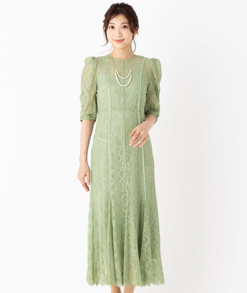 FRAY I.D フレイアイディー パイピングフラワーレースドレス グリーン