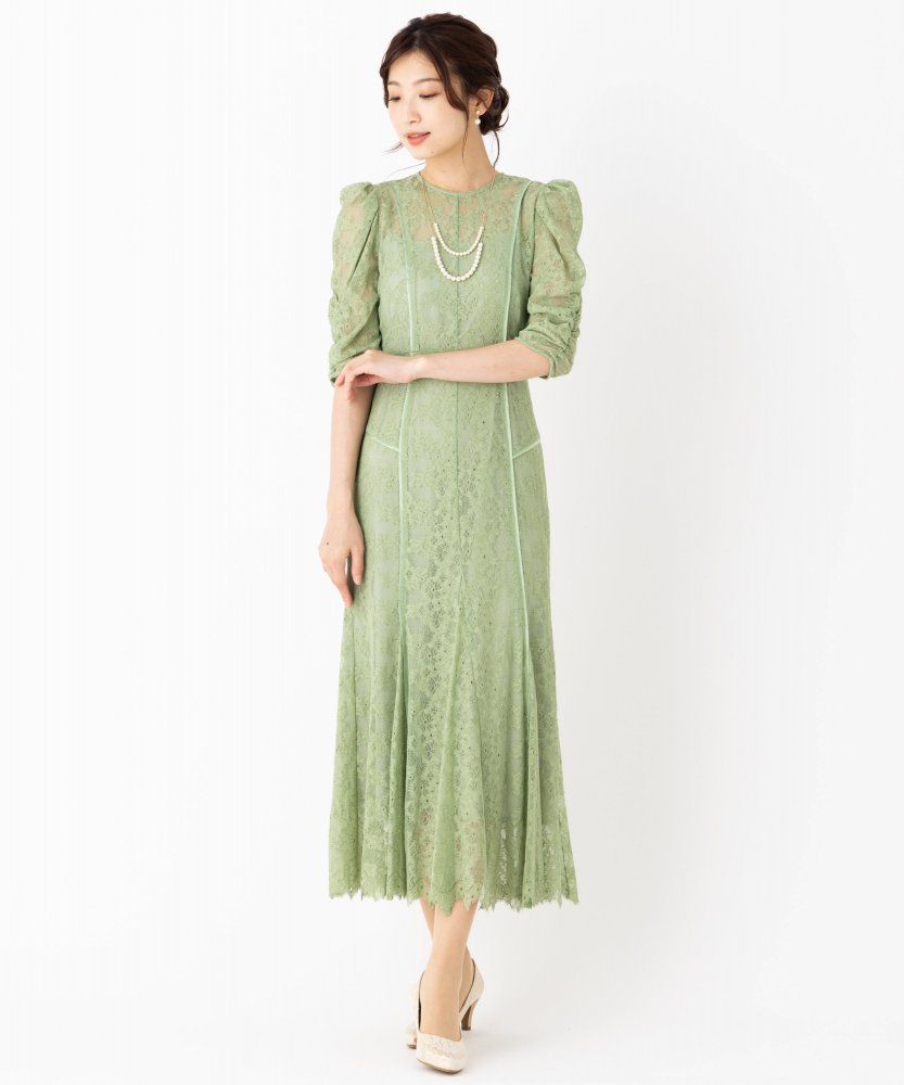FRAY I.D パーティードレス グリーン FRAY I.D フレイアイディー パイピングフラワーレースドレス グリーン