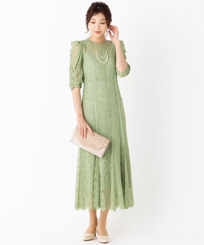 FRAY I.D フレイアイディー パイピングフラワーレースドレス グリーン