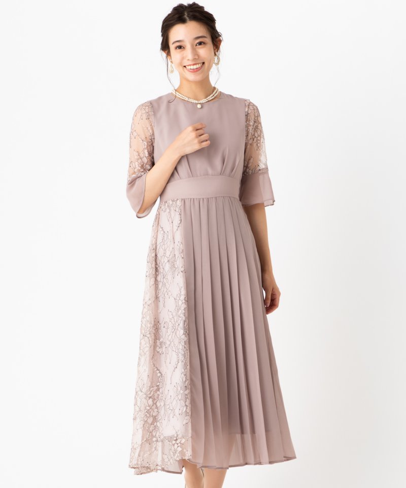 Select Shop レース切替プリーツドレス ピンク系 x ベージュ系 | 結婚