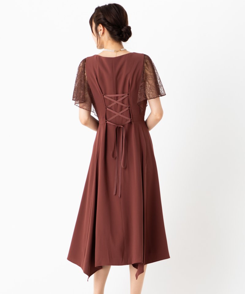 Aimer エメ イレギュラーヘムミモレ丈ドレス オレンジ系 x レッド系