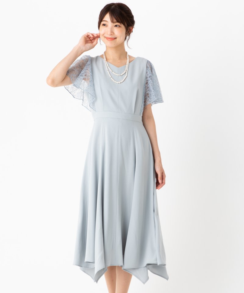 Aimer エメ イレギュラーヘムミモレ丈ドレス グレー系 x ブルー系