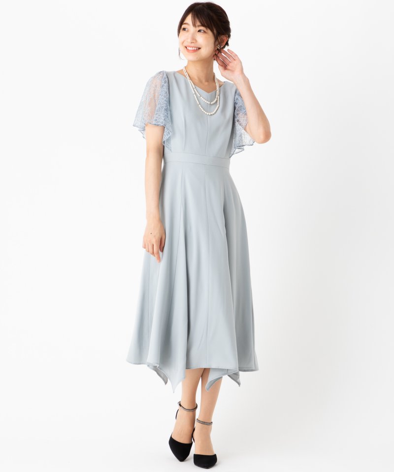 Aimer エメ イレギュラーヘムミモレ丈ドレス グレー系 x ブルー系