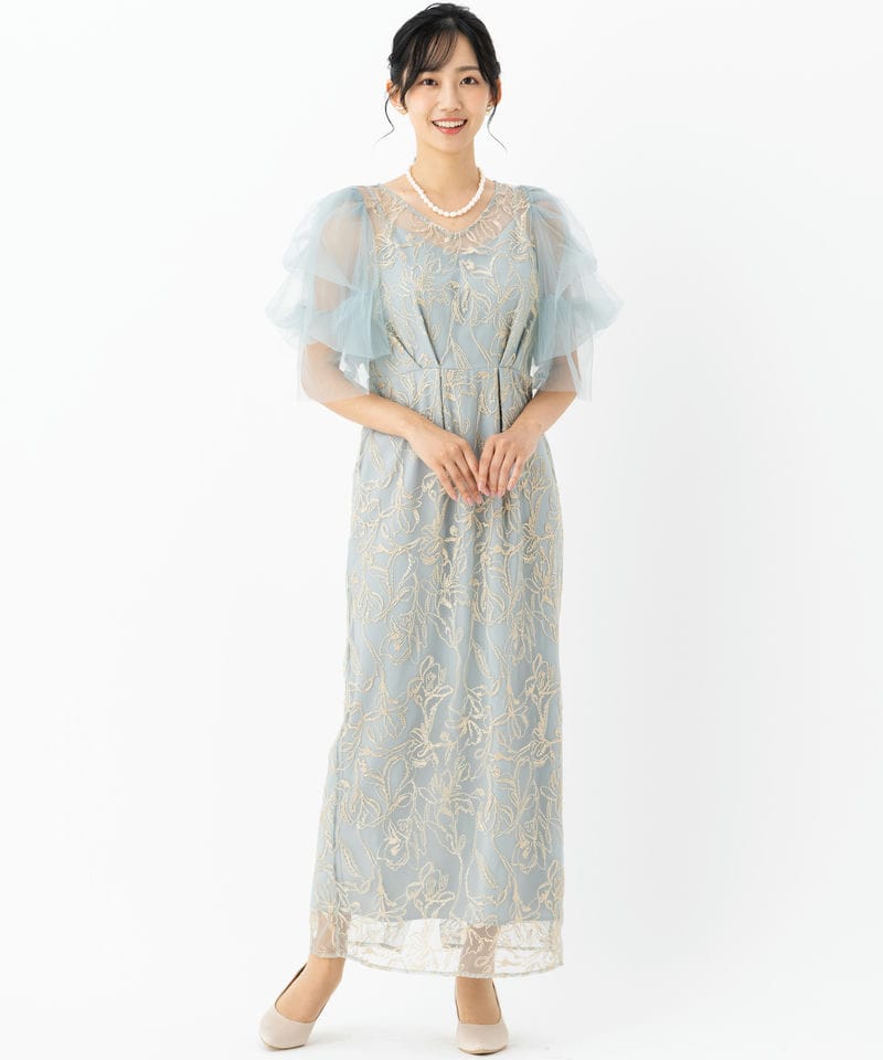 LE'RURE リルアー フラッフィースリーブペンシルドレス ブルー系