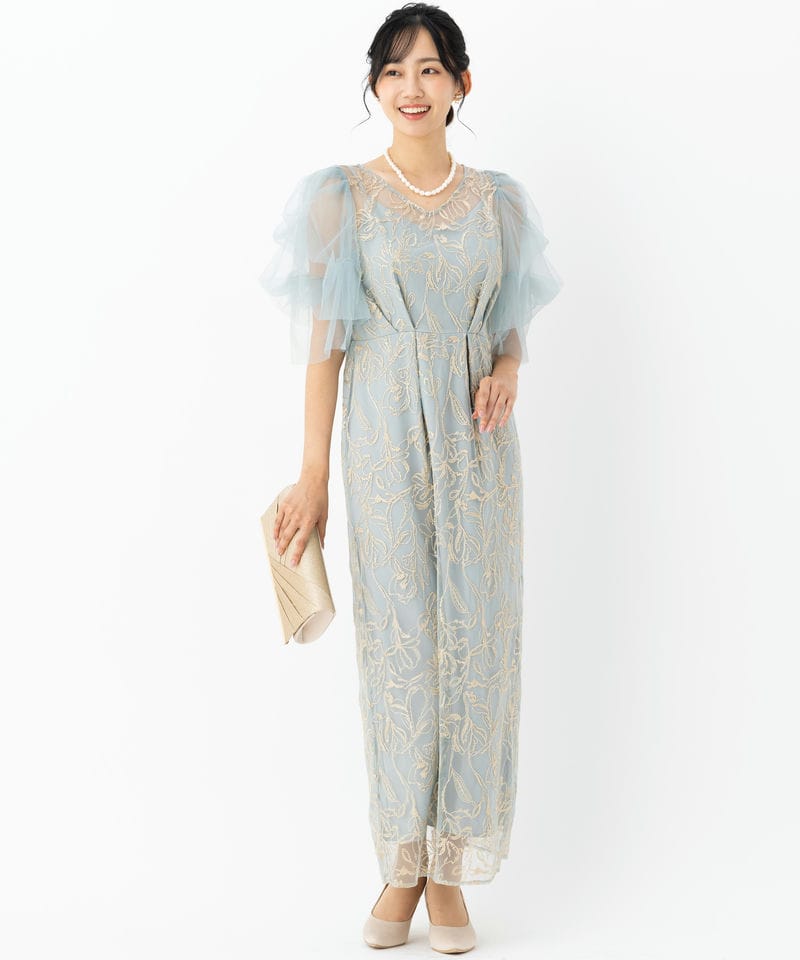 LE'RURE リルアー フラッフィースリーブペンシルドレス ブルー系