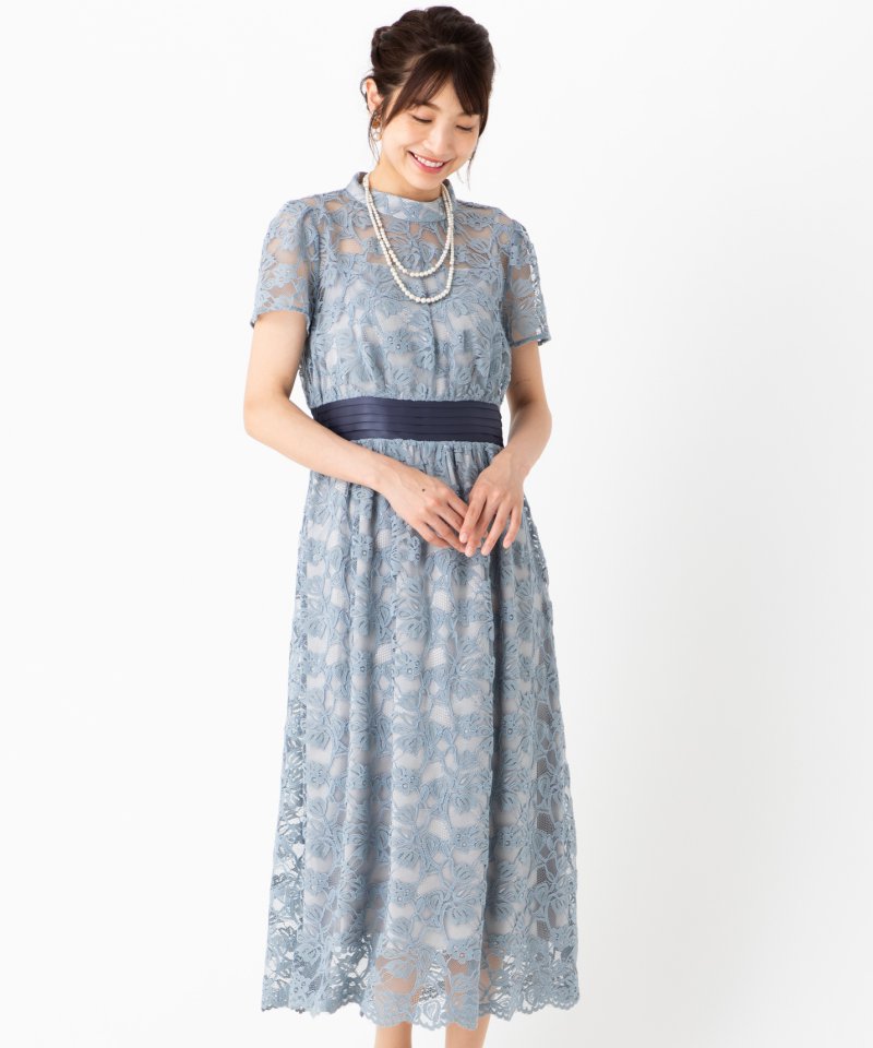 JILL STUART ジルスチュアート レース×ベルベットドレス ブルー系