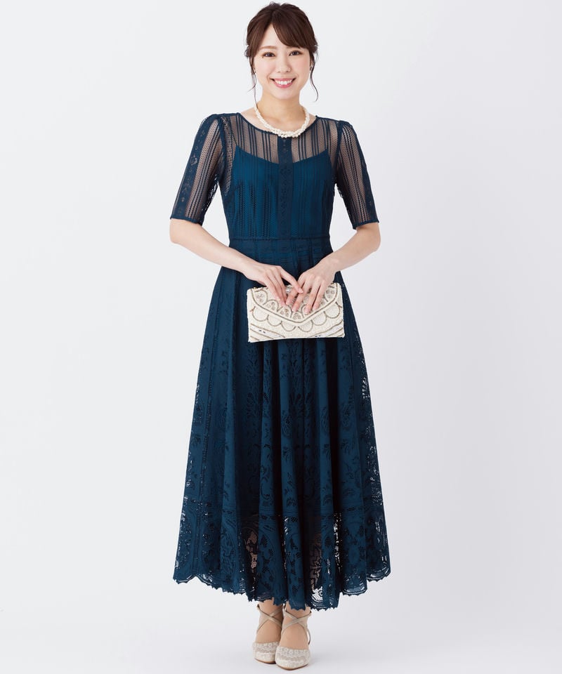 【新品未使用】FRAY I.D ネイビー/グリーン レース パーティードレス FRAY I.D フレイアイディー サーキュラーパネルレースドレス その他 x