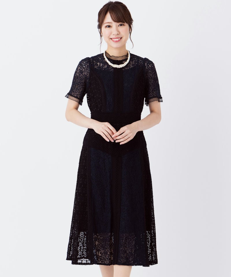 SNIDEL スナイデル ボリュームフレアレースドッキングドレス ブラック