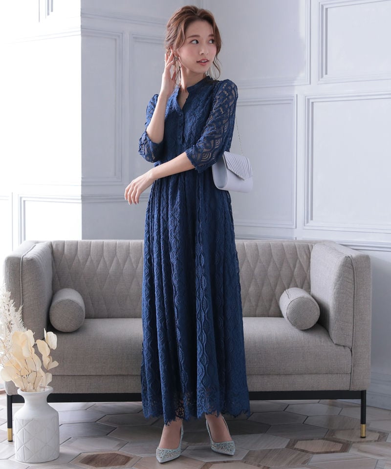 Select Shop バンドカラー総レースロングドレス ネイビー系 | 結婚式