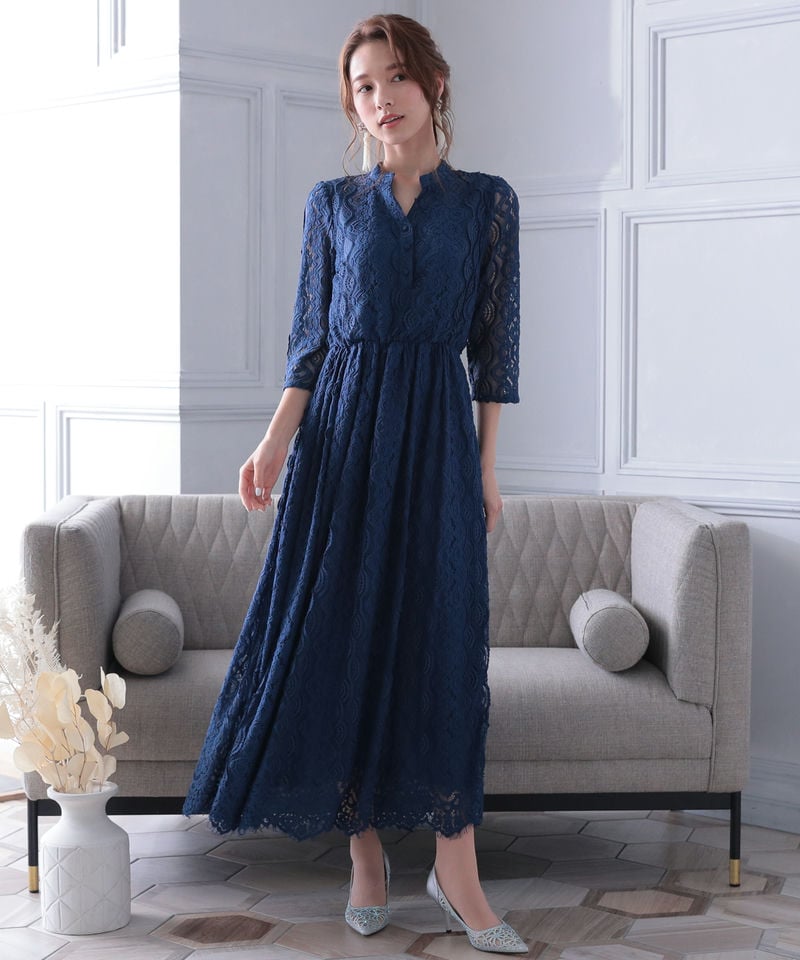 Select Shop バンドカラー総レースロングドレス ネイビー系 | 結婚式