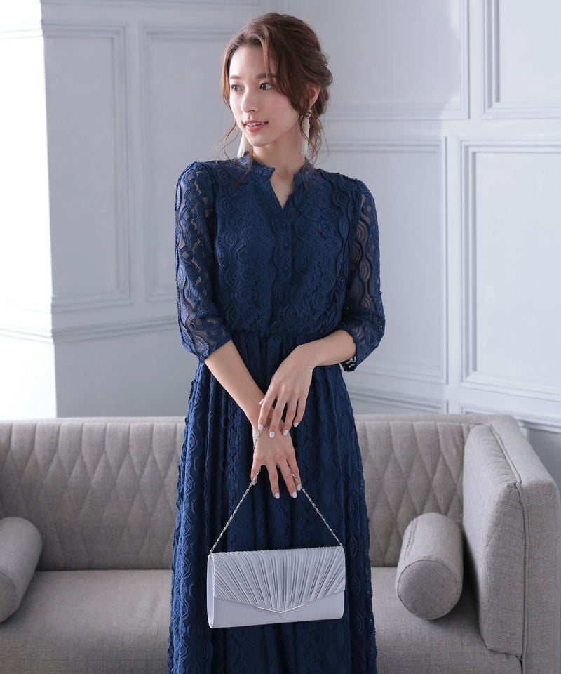 Select Shop バンドカラー総レースロングドレス ネイビー系 | 結婚式