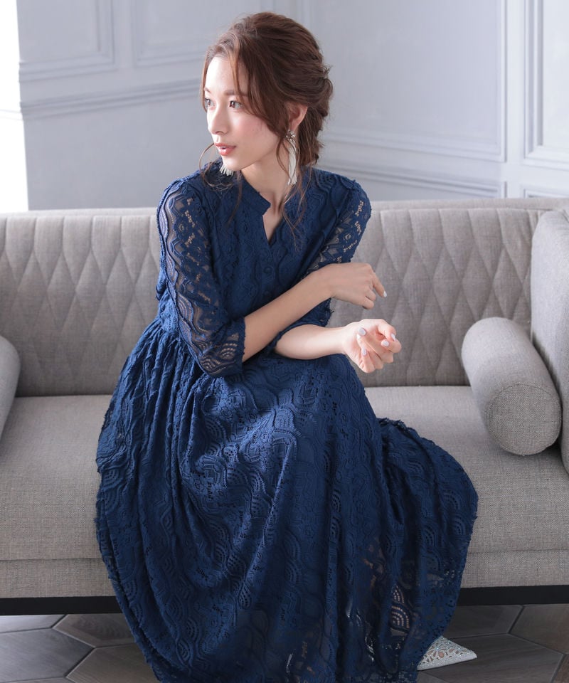 Select Shop バンドカラー総レースロングドレス ネイビー系 | 結婚式