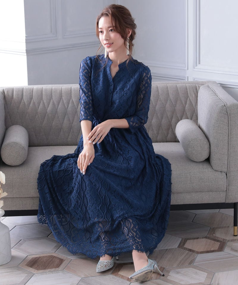 Select Shop バンドカラー総レースロングドレス ネイビー系 | 結婚式