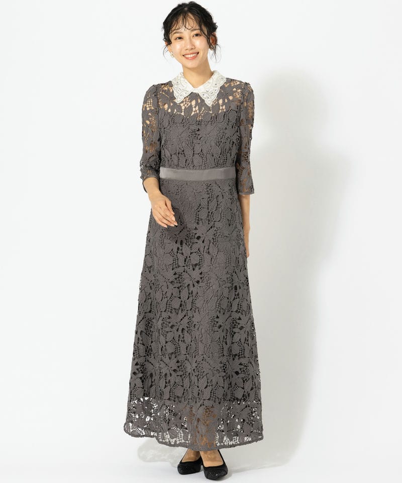 Leja レジャ 花柄レースビジューカラーAラインドレス グレー系 | 結婚