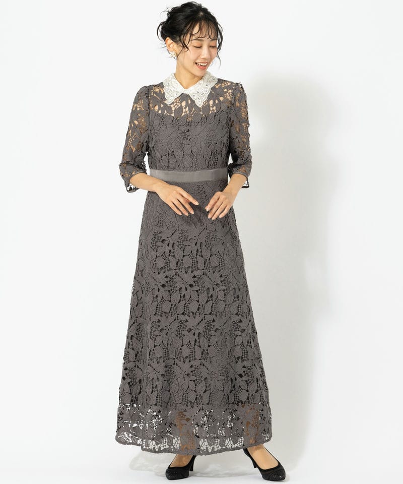 Leja レジャ 花柄レースビジューカラーAラインドレス グレー系 | 結婚