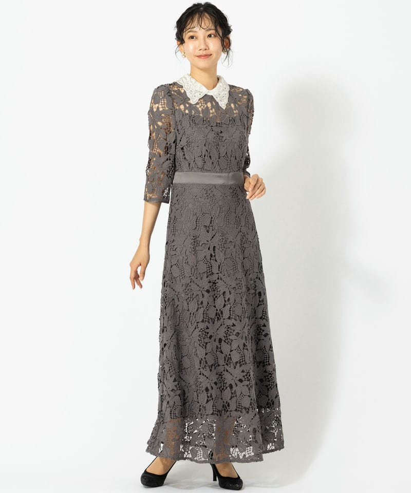 Leja レジャ 花柄レースビジューカラーAラインドレス グレー系 | 結婚