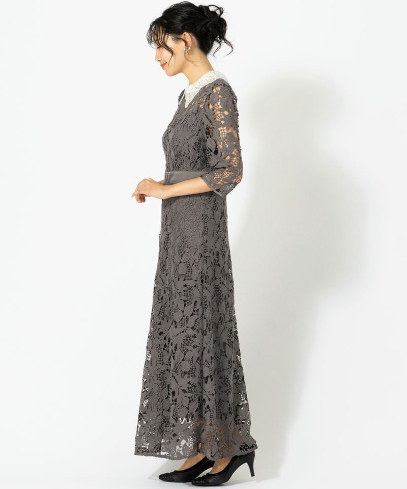 Leja レジャ 花柄レースビジューカラーAラインドレス グレー系 | 結婚