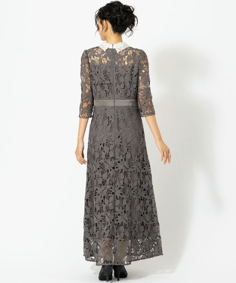 Leja レジャ 花柄レースビジューカラーAラインドレス グレー系 | 結婚