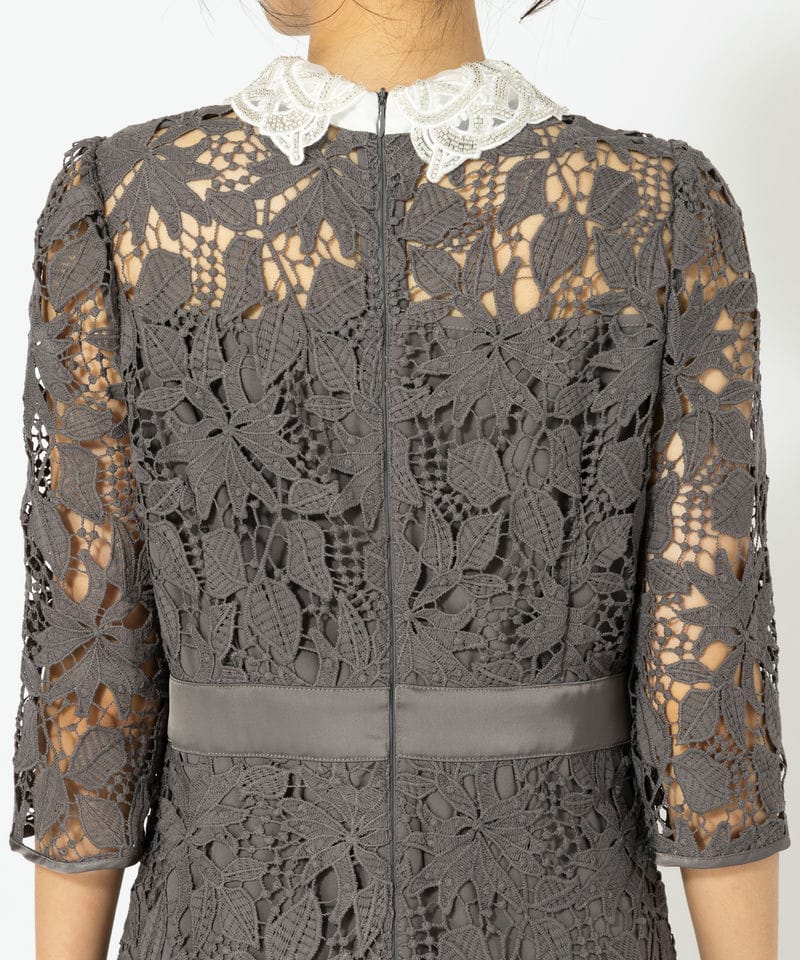 Leja レジャ 花柄レースビジューカラーAラインドレス グレー系 | 結婚