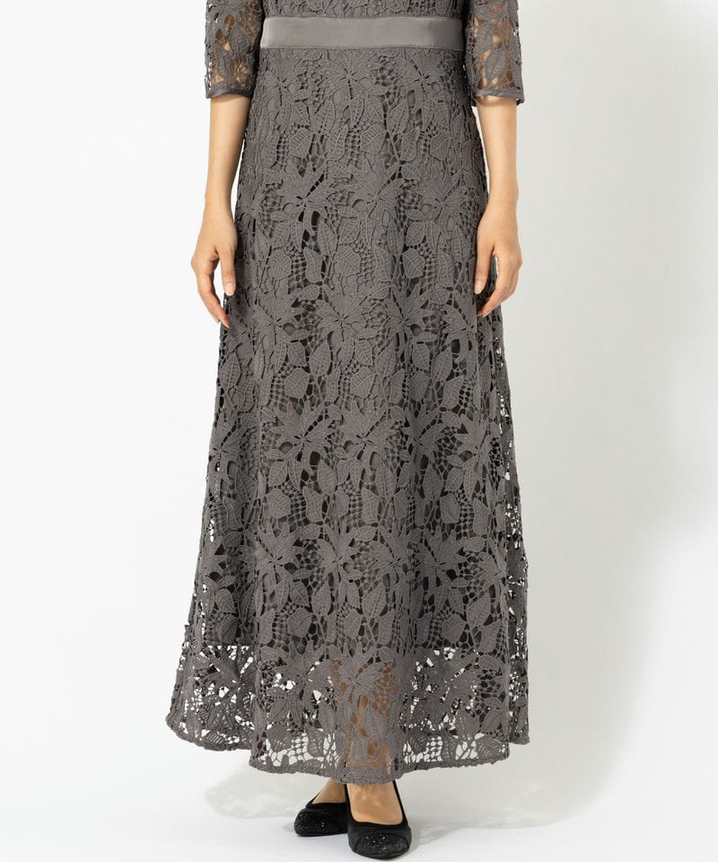 Leja レジャ 花柄レースビジューカラーAラインドレス グレー系 | 結婚