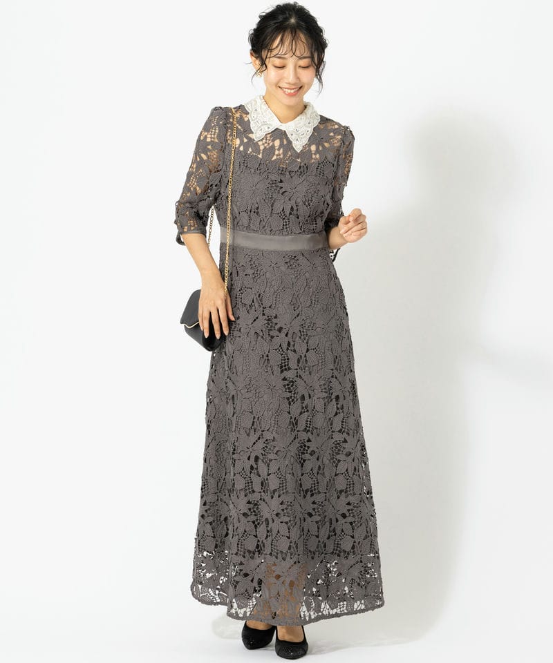 Leja レジャ 花柄レースビジューカラーAラインドレス グレー系 | 結婚