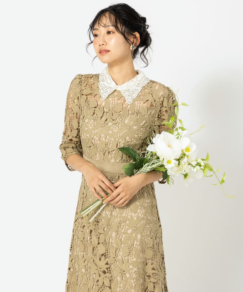 Leja レジャ リーフレースカラースリットスリーブセットアップドレス