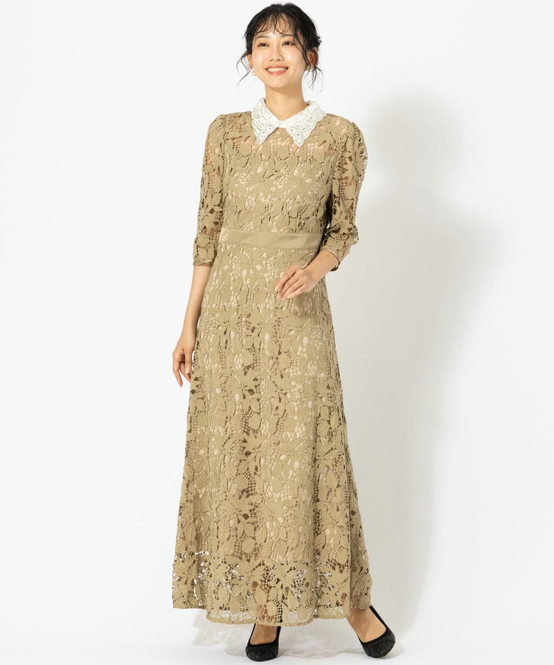 Leja レジャ 花柄レースビジューカラーAラインドレス ベージュ系
