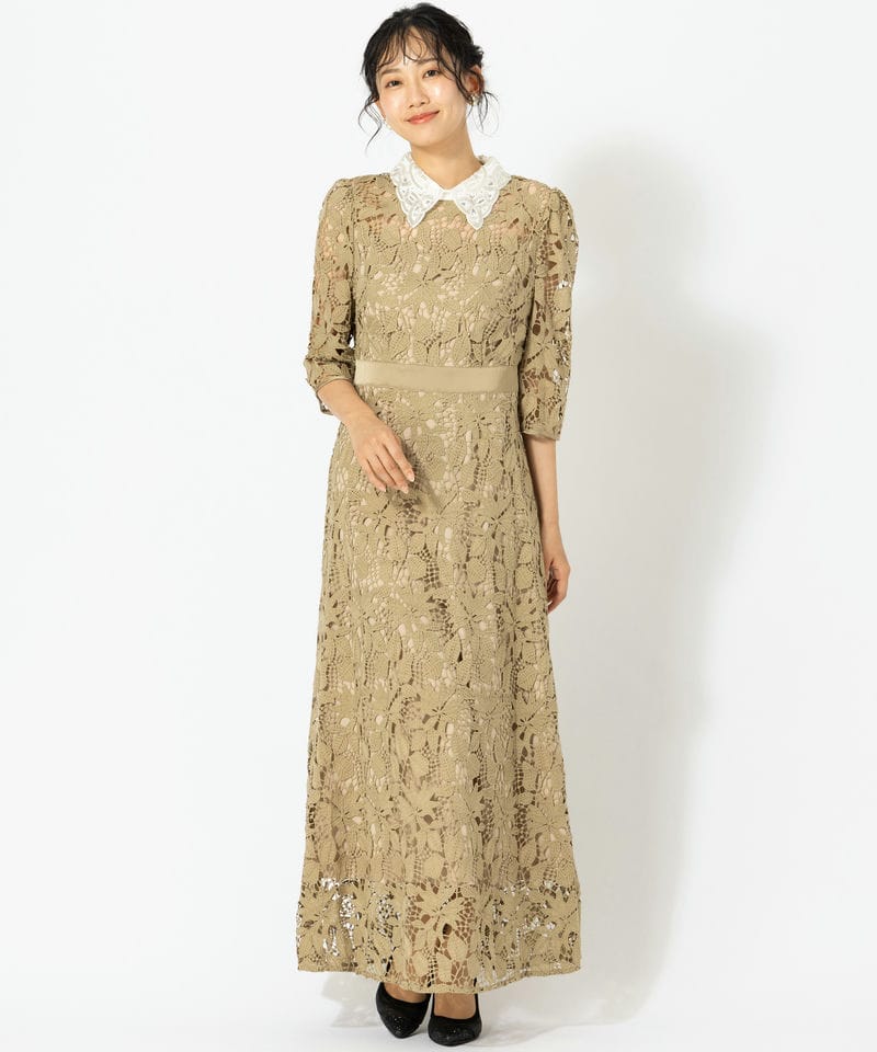 Leja レジャ 花柄レースビジューカラーAラインドレス ベージュ系