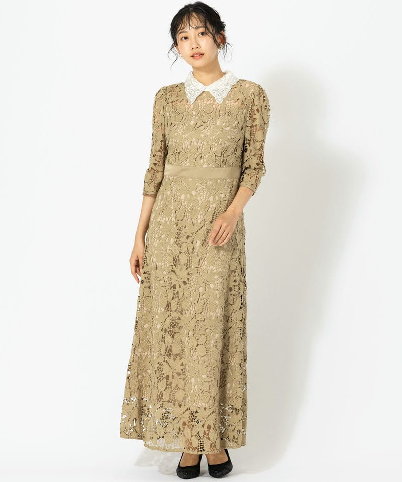 Leja レジャ 花柄レースビジューカラーAラインドレス ベージュ系