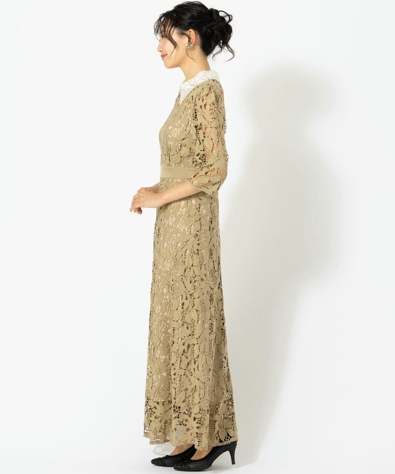 Leja レジャ 花柄レースビジューカラーAラインドレス ベージュ系