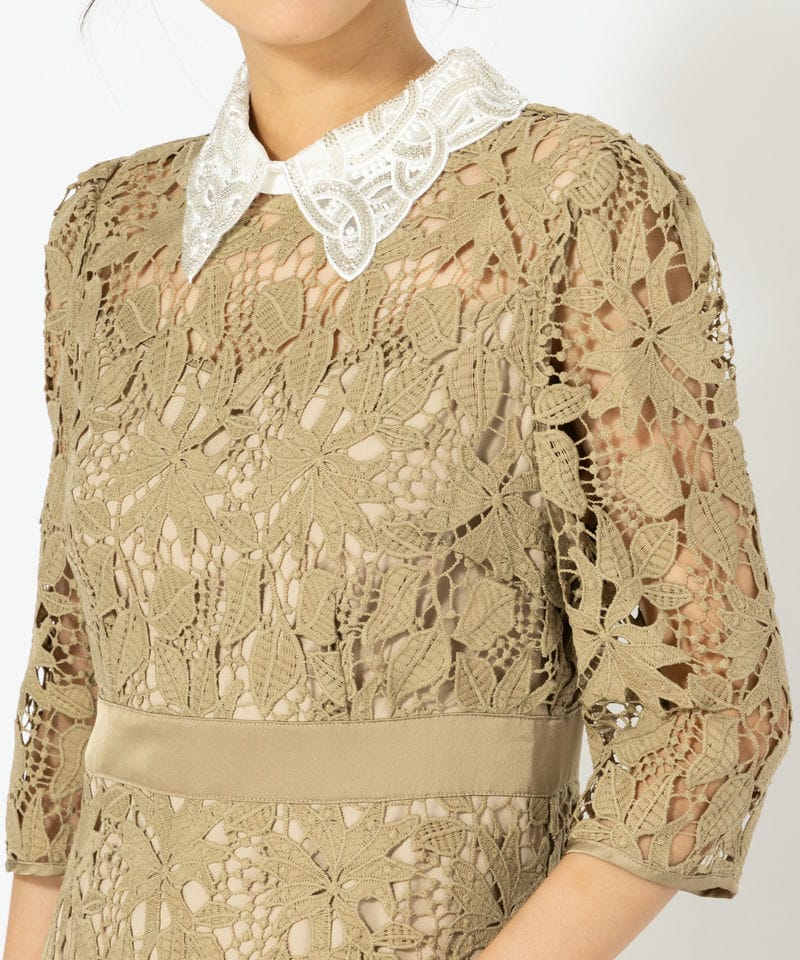 Leja レジャ 花柄レースビジューカラーAラインドレス ベージュ系