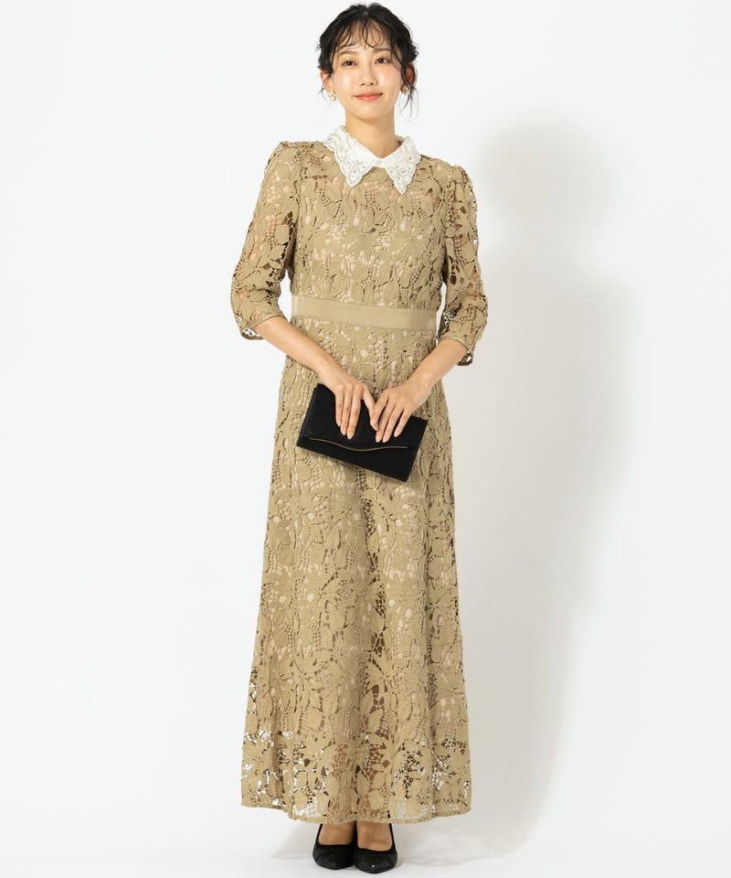 Leja レジャ 花柄レースビジューカラーAラインドレス ベージュ系