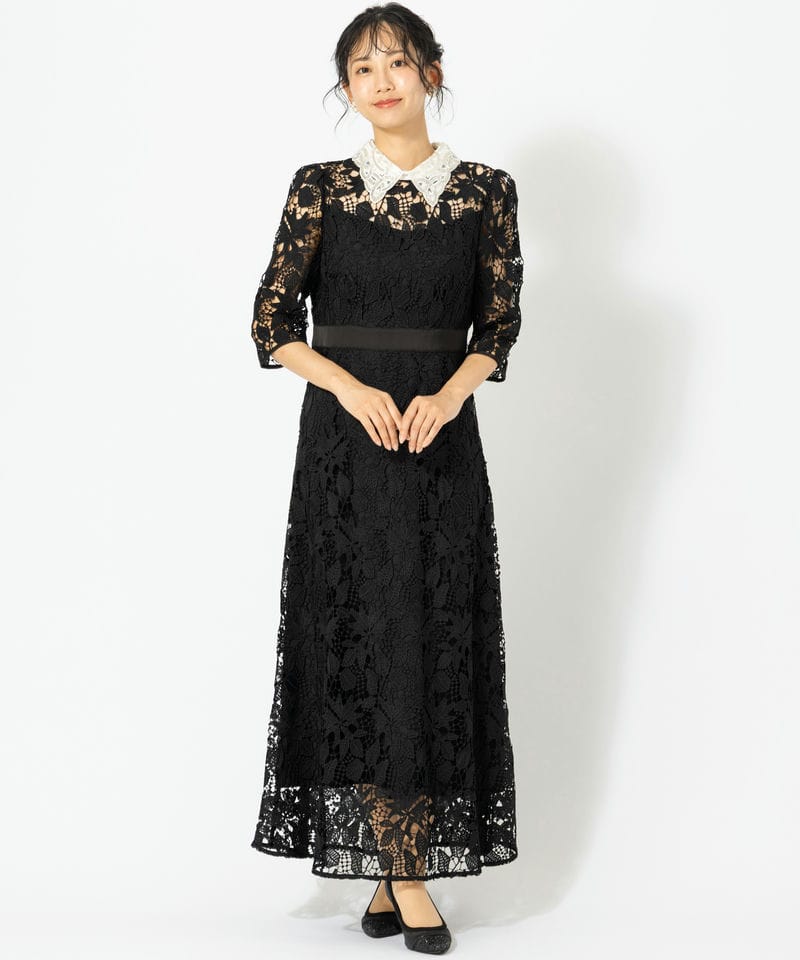 Leja レジャ 花柄レースビジューカラーAラインドレス ブラック系