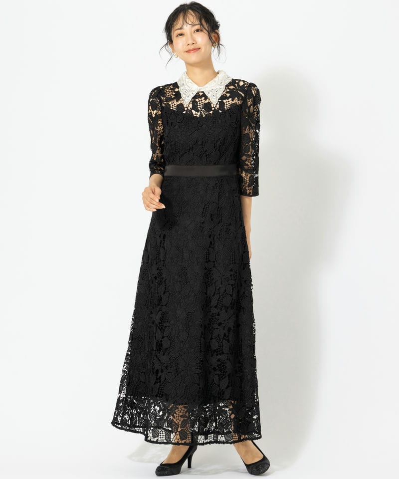 Leja レジャ 花柄レースビジューカラーAラインドレス ブラック系