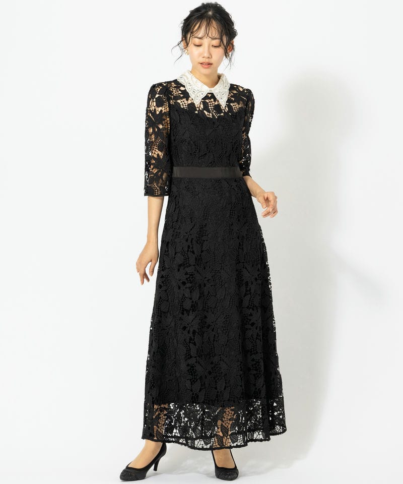 Leja レジャ 花柄レースビジューカラーAラインドレス ブラック系