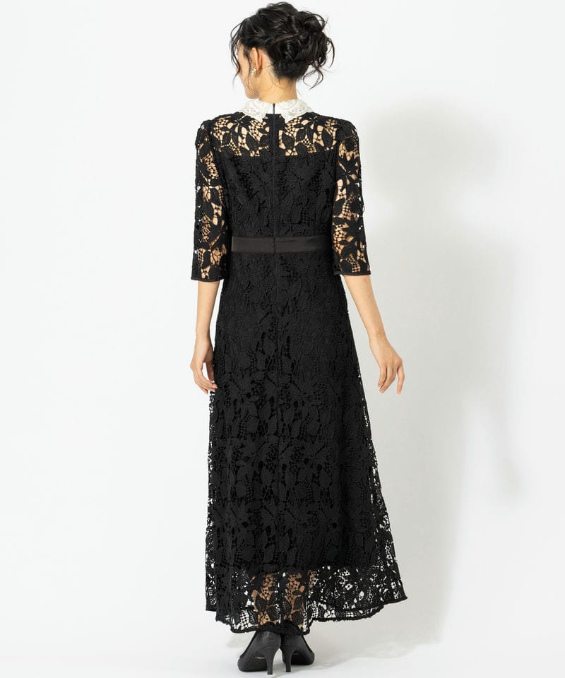 Leja レジャ 花柄レースビジューカラーAラインドレス ブラック系