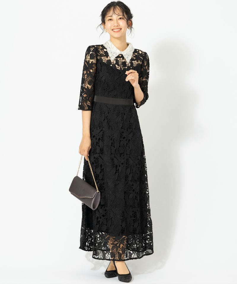 Leja レジャ 花柄レースビジューカラーAラインドレス ブラック系
