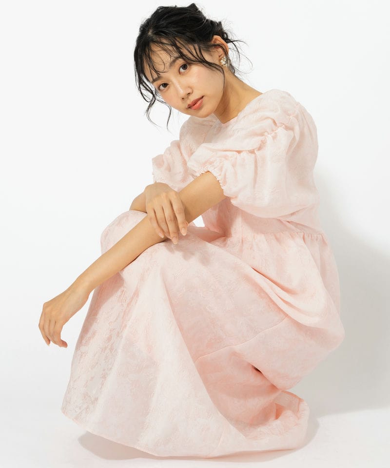 [新品タグ付]ANDRÉSD アンドレスド　ピンクジャガードドレス セール】バブルスリーブジャガードドレス / bubble sleeve jacquard