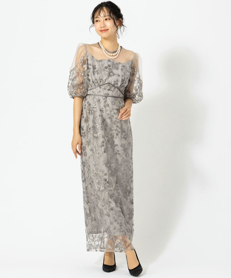 Leja レジャ フラワーディテールパフスリーブIラインワンピースドレス