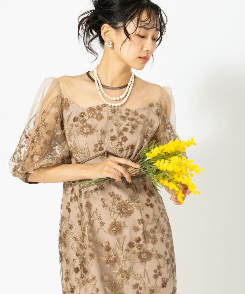 Leja レジャ フラワーディテールパフスリーブIラインワンピースドレス