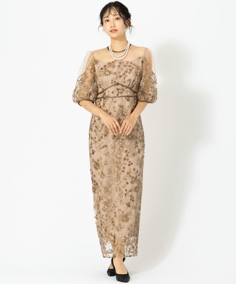 Leja レジャ フラワーディテールパフスリーブIラインワンピースドレス