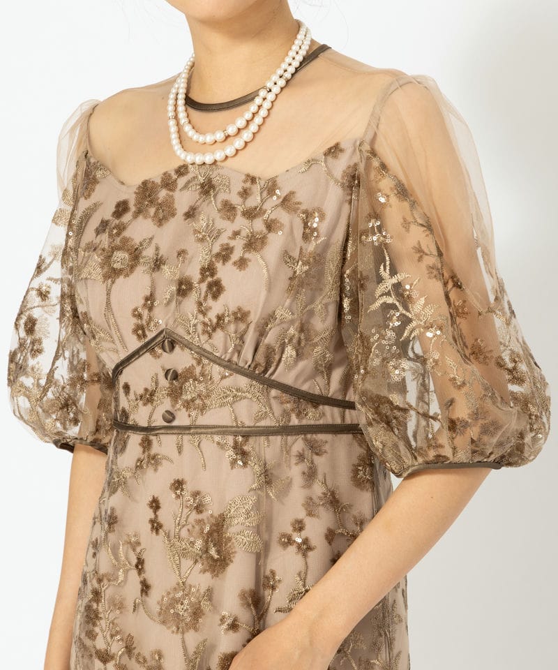 Leja レジャ フラワーディテールパフスリーブIラインワンピースドレス